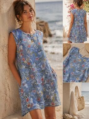 chinese dress ladies Arabella Linen Blend Dress-Ice Cube Blue, Blossom Trail main image 1